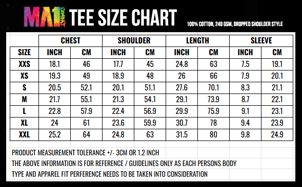 MA1 100% cotton 240gsm dropped shoulder tee size chart