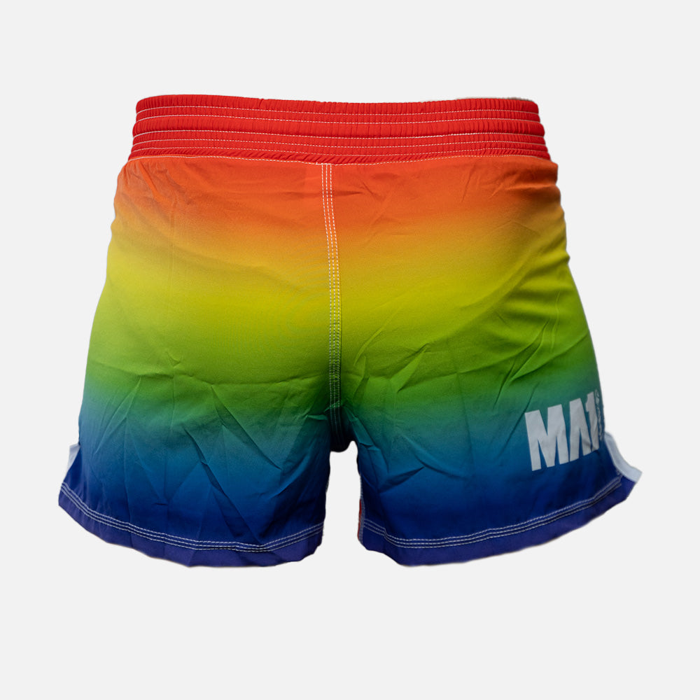 Swim shorts with rainbow bands and drawstring outlet waist