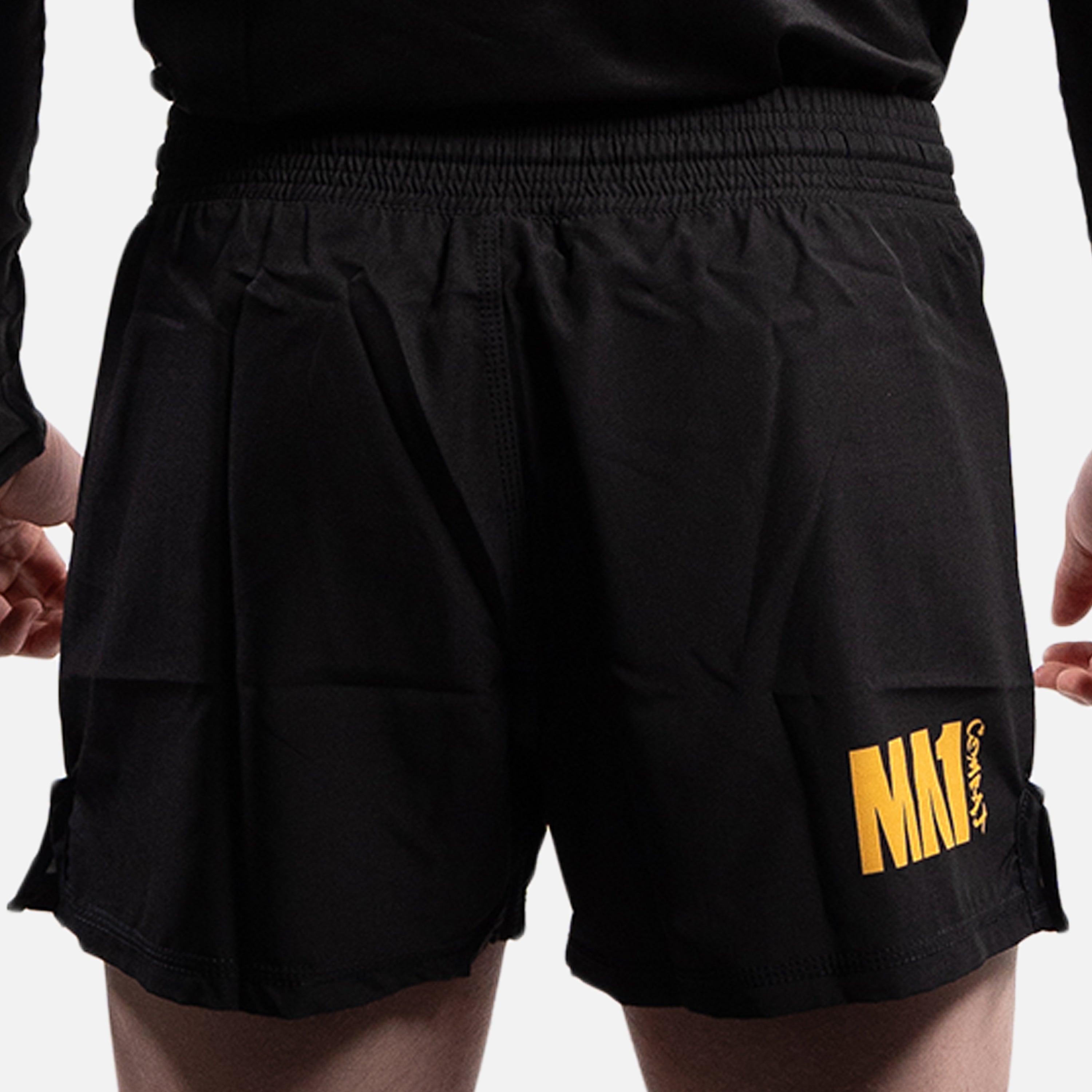 MA1 COMBAT BLACK AND GOLD MMA SHORTS